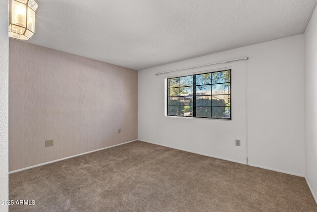 empty room with carpet floors, baseboards, and a textured ceiling
