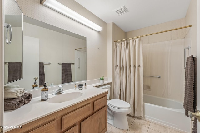 full bathroom with vanity, tile patterned flooring, toilet, shower / bathtub combination with curtain, and visible vents