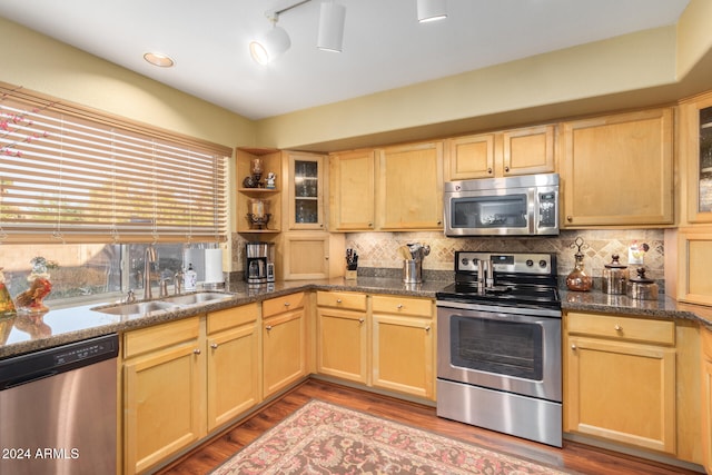 kitchen with light brown cabinetry, sink, stainless steel appliances, and wood-type flooring