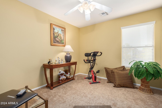 interior space featuring carpet and ceiling fan