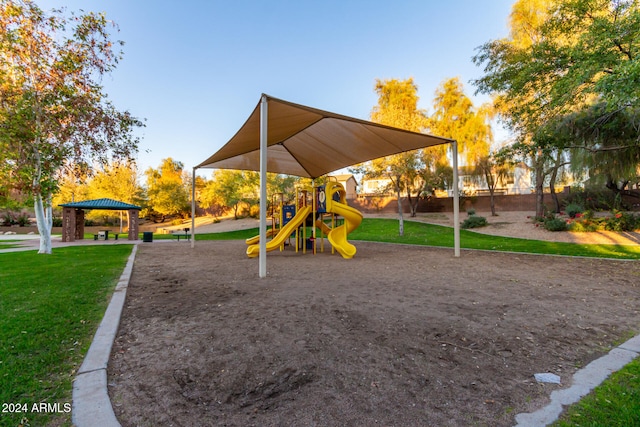 view of play area featuring a gazebo and a yard