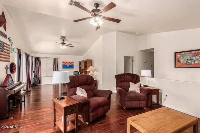 living room featuring ceiling fan, dark wood-type flooring, and lofted ceiling