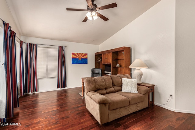 living room with dark wood-type flooring, lofted ceiling, and ceiling fan