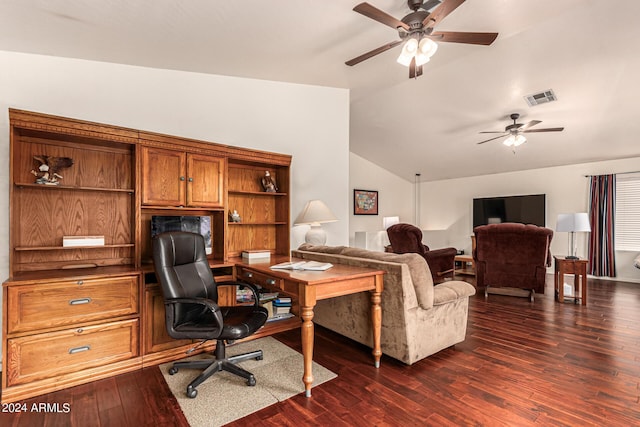 office featuring lofted ceiling, ceiling fan, and dark wood-type flooring