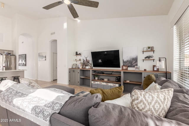 living room with ceiling fan