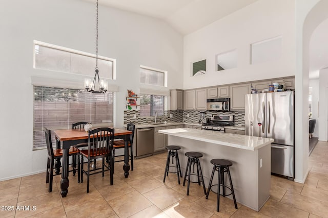 kitchen with appliances with stainless steel finishes, backsplash, a kitchen breakfast bar, a kitchen island, and sink