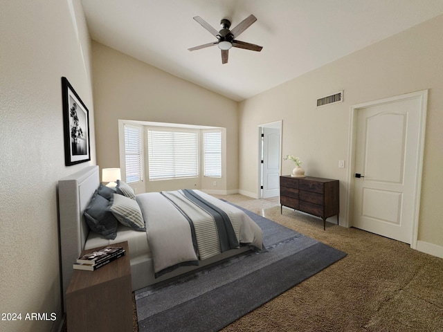 bedroom featuring carpet flooring, ceiling fan, and lofted ceiling