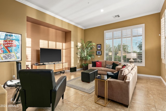 living room with crown molding and light tile patterned floors