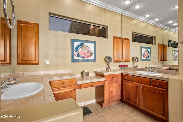 bathroom featuring tile patterned flooring, ornamental molding, and vanity