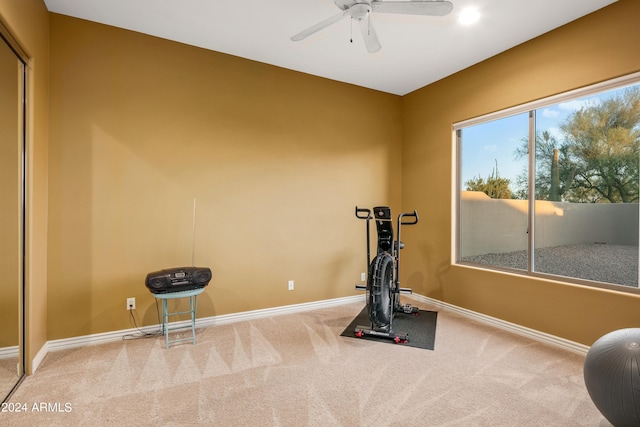 exercise room with carpet flooring and ceiling fan