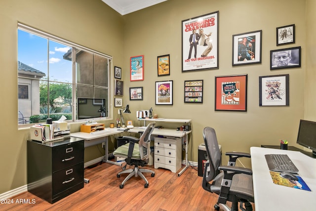 home office with ornamental molding and light hardwood / wood-style flooring