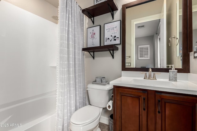 full bathroom featuring visible vents, toilet, vanity, and shower / bath combo with shower curtain