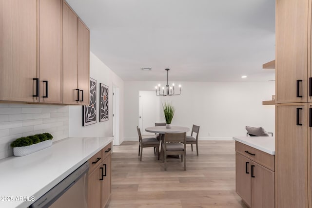 dining space with visible vents, baseboards, a chandelier, light wood-type flooring, and recessed lighting