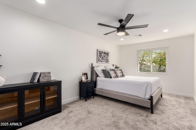 carpeted bedroom with visible vents, recessed lighting, baseboards, and ceiling fan