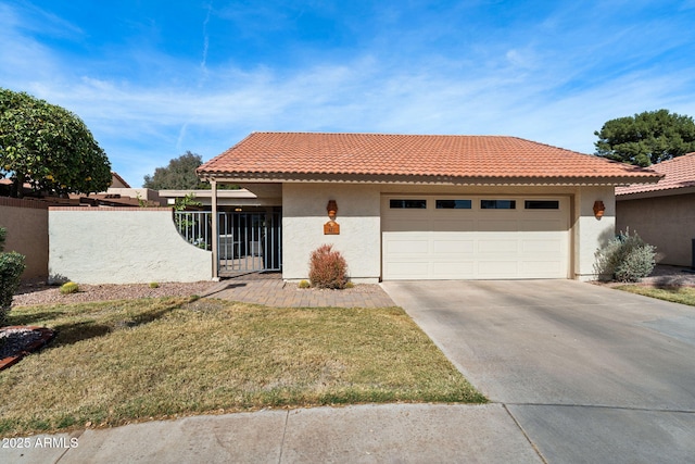 view of front facade featuring a garage, fence, driveway, a tiled roof, and stucco siding