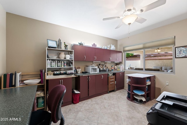 kitchen with light tile patterned floors, ceiling fan, and open shelves