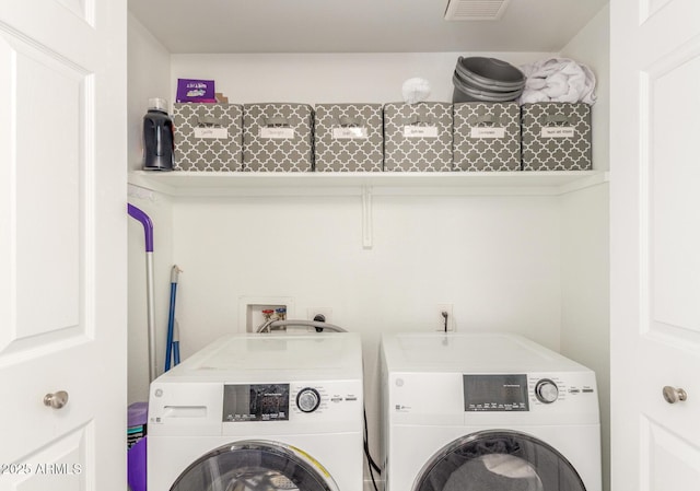 washroom featuring laundry area, visible vents, and washer and clothes dryer