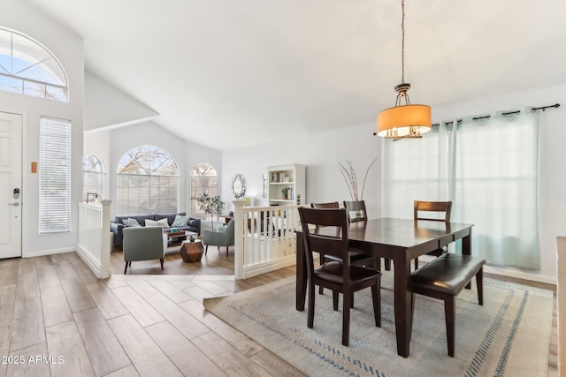 dining room with vaulted ceiling, a healthy amount of sunlight, and light hardwood / wood-style flooring