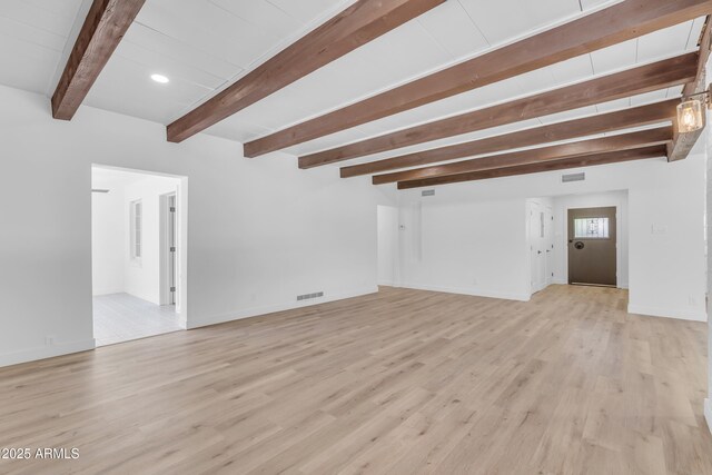 2425 E Harvard St, Phoenix, AZ 85008 - unfurnished living room featuring beamed ceiling, light wood-style flooring, visible vents, and baseboards