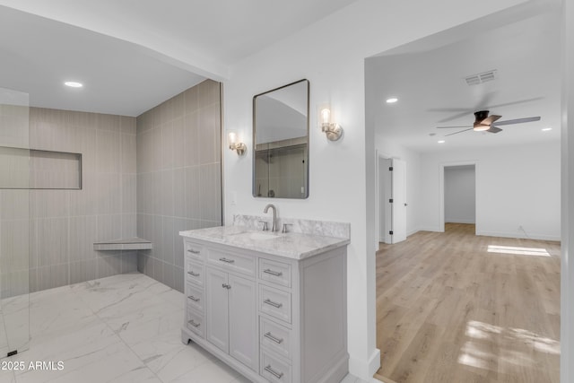 2425 E Harvard St, Phoenix, AZ 85008 - bathroom with visible vents, recessed lighting, walk in shower, a ceiling fan, and vanity