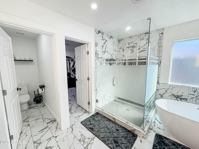 bathroom featuring separate shower and tub, tile walls, and toilet