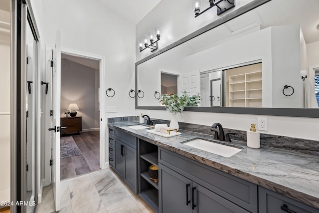 bathroom featuring vanity, wood-type flooring, and lofted ceiling