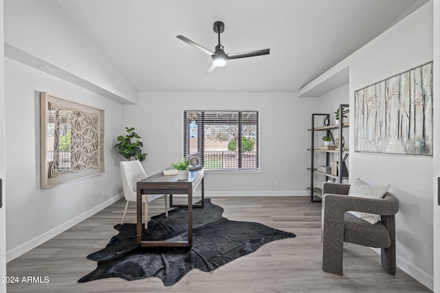 office area featuring ceiling fan and hardwood / wood-style flooring