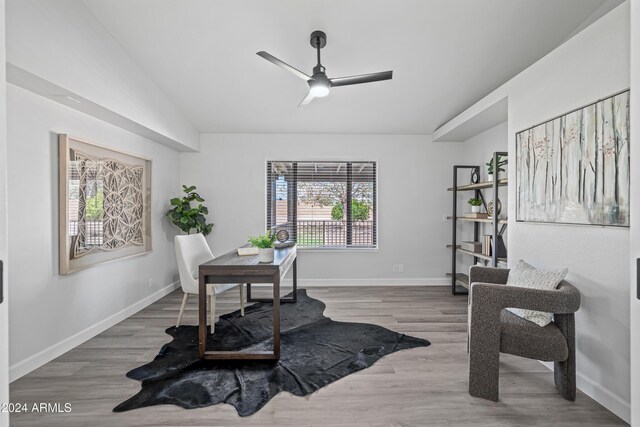 394 E Redfield Rd, Chandler, AZ 85225 - office area with ceiling fan, lofted ceiling, wood finished floors, and baseboards
