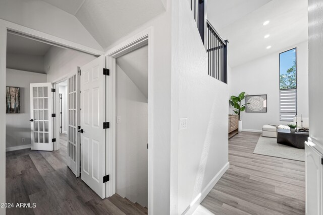 394 E Redfield Rd, Chandler, AZ 85225 - corridor featuring wood finished floors, recessed lighting, baseboards, french doors, and lofted ceiling