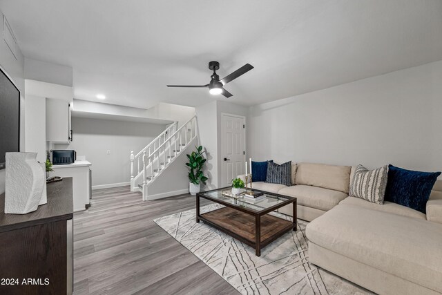 394 E Redfield Rd, Chandler, AZ 85225 - living room with stairway, baseboards, a ceiling fan, light wood-type flooring, and recessed lighting