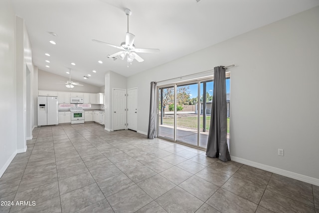 unfurnished living room featuring ceiling fan, light tile patterned flooring, and high vaulted ceiling