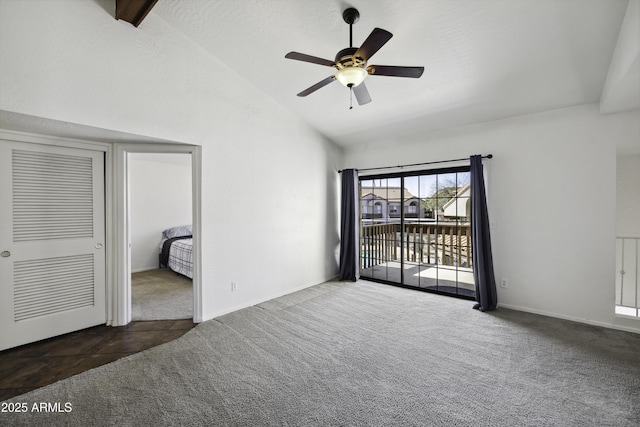 unfurnished bedroom with access to exterior, carpet flooring, high vaulted ceiling, and a ceiling fan