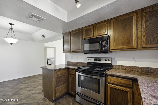 kitchen with a peninsula, electric range, visible vents, and black microwave