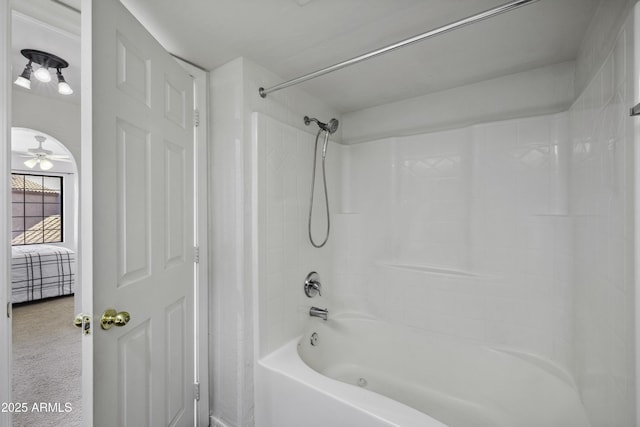 full bath with a ceiling fan, connected bathroom, and shower / bathtub combination