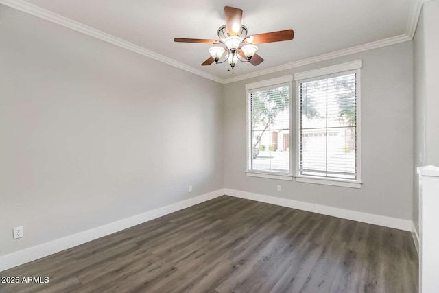 5329 E Harmony Ave, Mesa, AZ 85206 - empty room with baseboards, ornamental molding, dark wood-type flooring, and ceiling fan