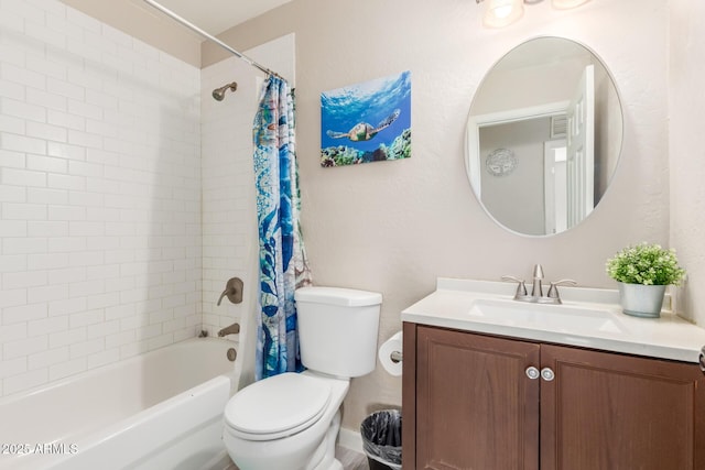 bathroom with toilet, shower / bath combination with curtain, and vanity