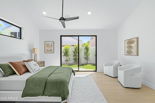 bedroom with light wood finished floors, baseboards, a ceiling fan, access to outside, and recessed lighting