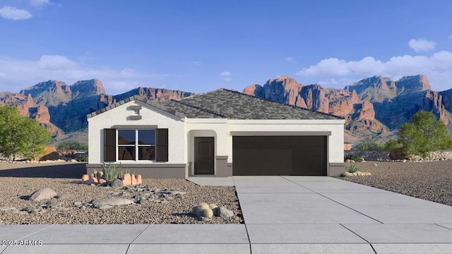 5106 E Midnight Star Dr, San Tan Valley, AZ 85143 - view of front of home with a mountain view, a garage, driveway, and stucco siding