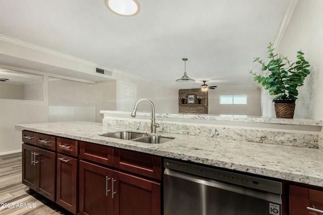 kitchen with a sink, visible vents, stainless steel dishwasher, and ornamental molding