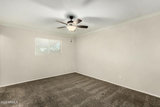 empty room featuring ceiling fan, baseboards, ornamental molding, and dark carpet