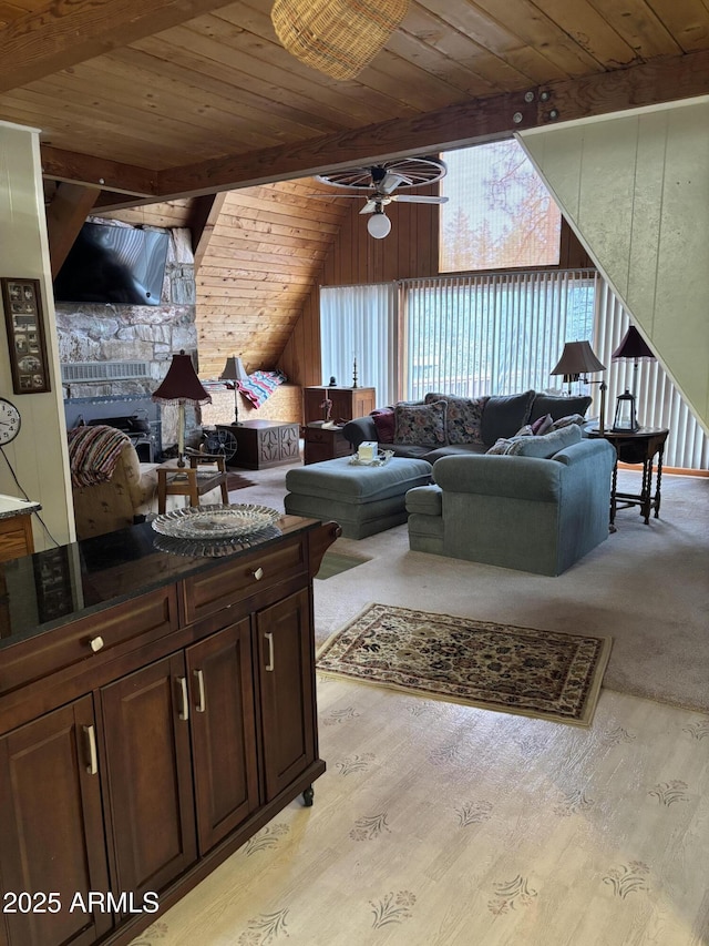 3994 N Mohawk St, Pine, AZ 85544 - living room with wooden ceiling, a ceiling fan, light wood-style floors, and vaulted ceiling