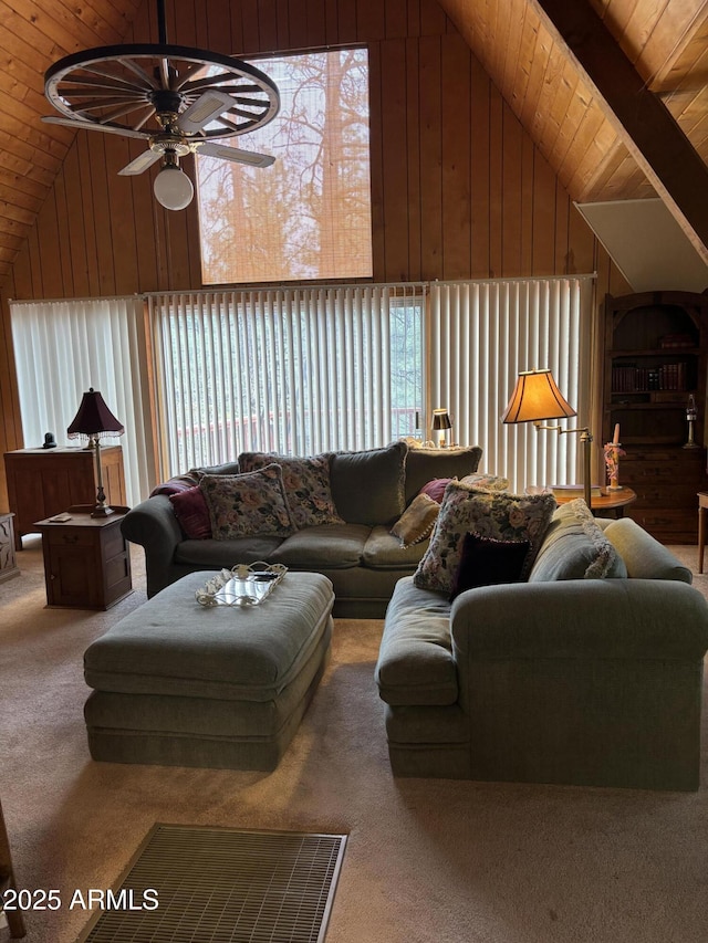 3994 N Mohawk St, Pine, AZ 85544 - carpeted living area with vaulted ceiling, ceiling fan, wood walls, and wood ceiling