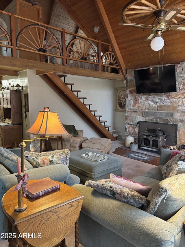 3994 N Mohawk St, Pine, AZ 85544 - carpeted living room with high vaulted ceiling, ceiling fan, and wooden ceiling