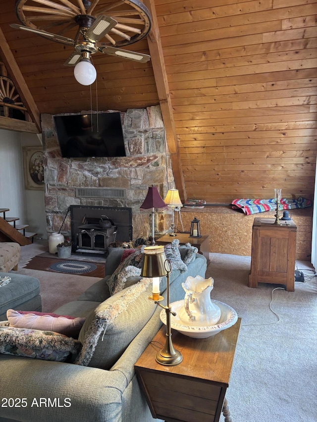 3994 N Mohawk St, Pine, AZ 85544 - living area featuring carpet floors, ceiling fan, wooden ceiling, and vaulted ceiling