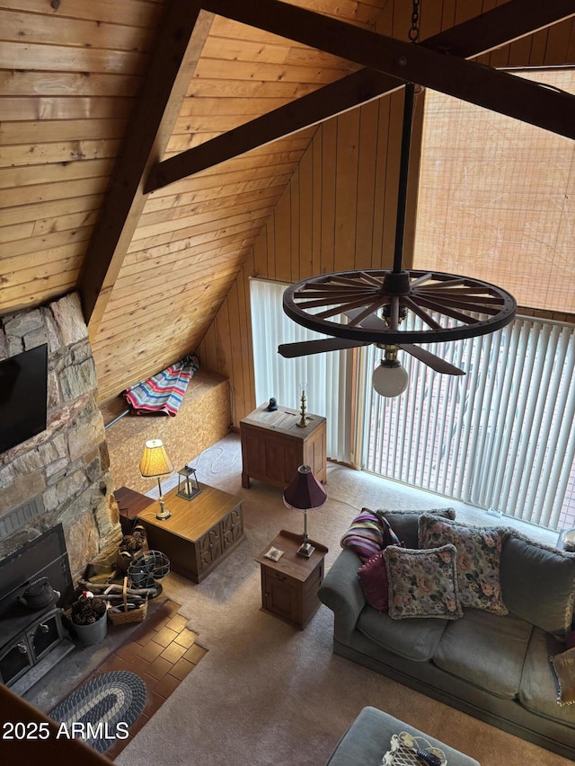 3994 N Mohawk St, Pine, AZ 85544 - living room with carpet floors, wood ceiling, and wood walls