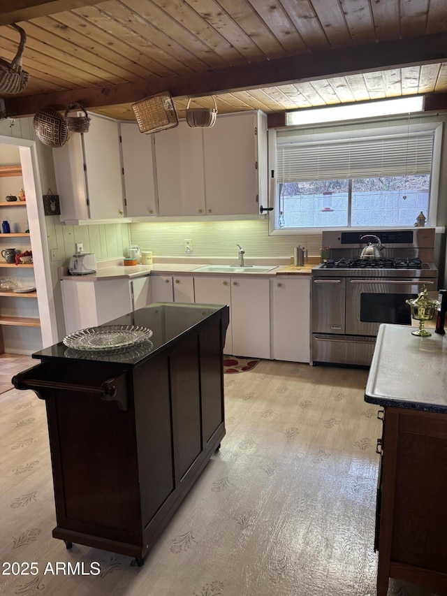 3994 N Mohawk St, Pine, AZ 85544 - kitchen featuring double oven range, wooden ceiling, light wood-style flooring, a sink, and a kitchen island