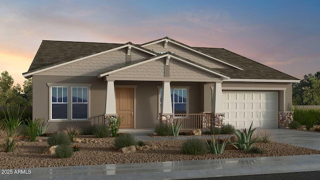 view of front of home featuring concrete driveway, a porch, an attached garage, and stucco siding