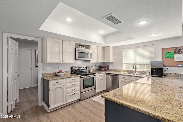 kitchen featuring visible vents, light wood-type flooring, a sink, appliances with stainless steel finishes, and a raised ceiling