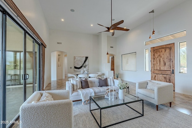 28423 N 139th St, Scottsdale, AZ 85262 - tiled living area with recessed lighting, a towering ceiling, arched walkways, visible vents, and a ceiling fan