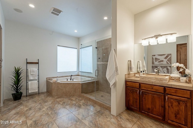28423 N 139th St, Scottsdale, AZ 85262 - full bathroom featuring vanity, a stall shower, recessed lighting, and a bath